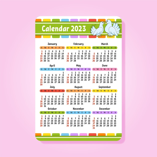 Kalender voor 2023 met een schattig karakter Leuk en helder ontwerp Cartoonstijl in zakformaat