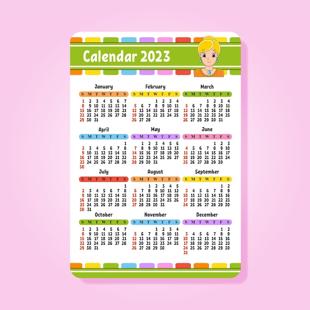 Kalender voor 2023 met een schattig karakter leuk en helder ontwerp geïsoleerde kleur vectorillustratie zakformaat