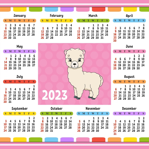 Kalender voor 2023 met een schattig karakter leuk en helder ontwerp