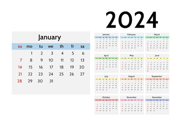 Kalender voor 2024 geïsoleerd op een witte achtergrond Zondag tot maandag business template Vector illustratie