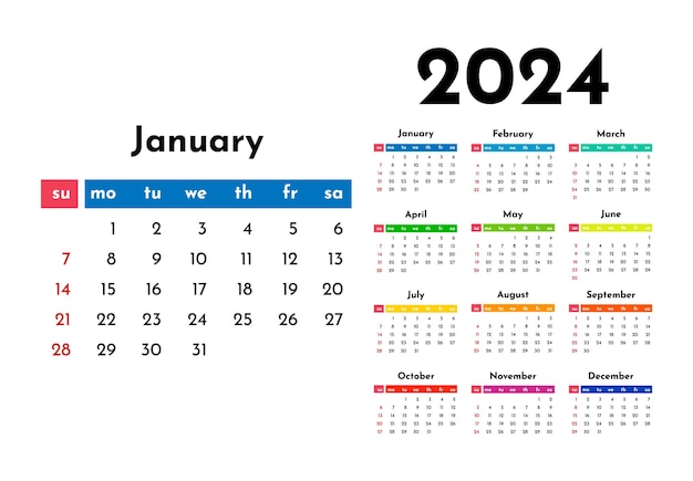 Kalender voor 2024 geïsoleerd op een witte achtergrond