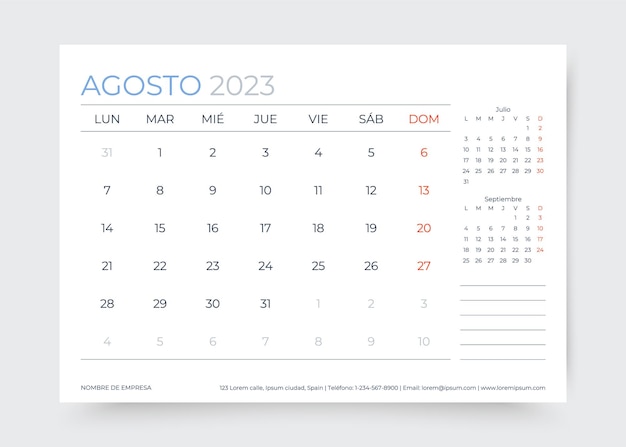 Kalender voor augustus 2023 jaar Desk maandelijkse planner sjabloon Vector illustratie