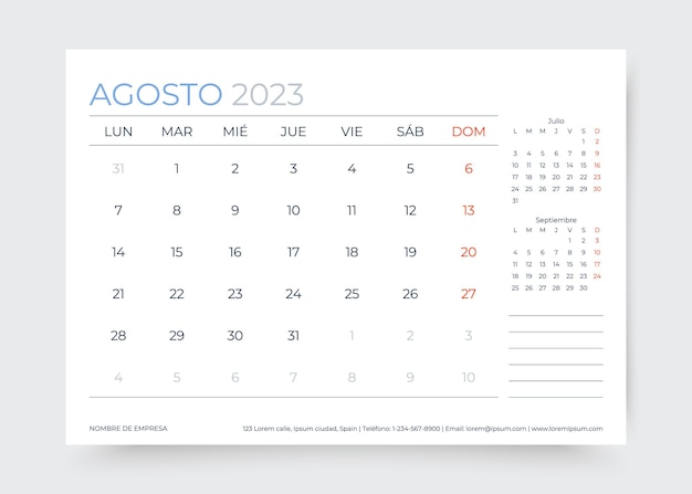 Kalender voor augustus 2023 jaar desk maandelijkse planner sjabloon vector illustratie