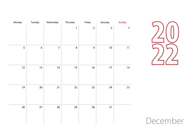 Kalender voor december 2022 in modern design, planner sjabloon.