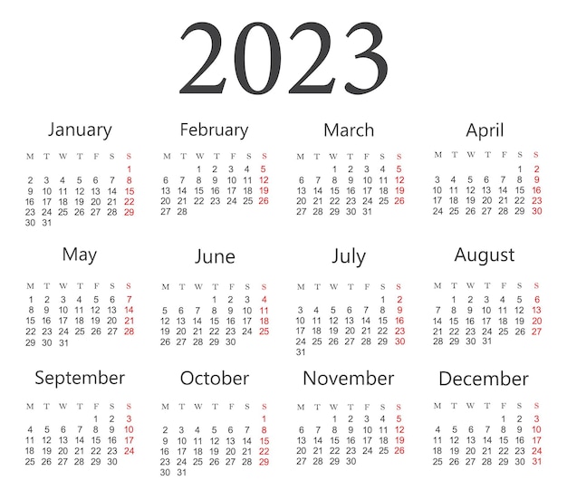 Kalender voor het jaar 2023.