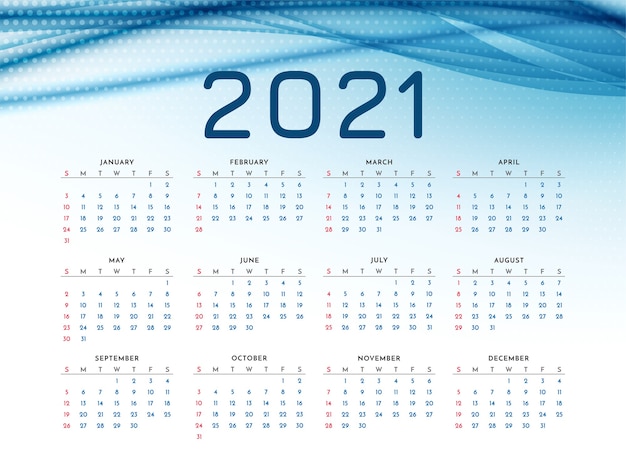 Kalender voor het nieuwe jaar 2021 met stijlvolle blauwe golf