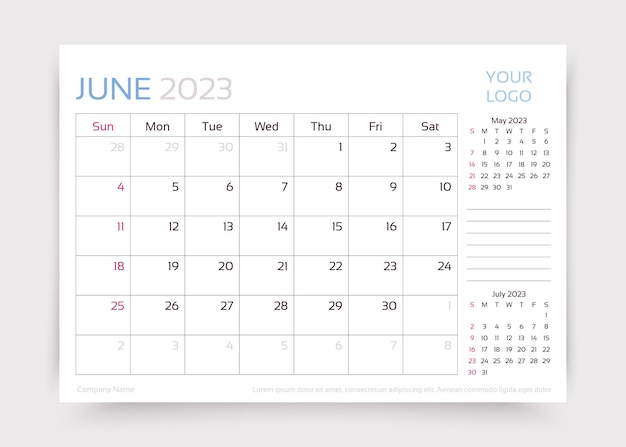 Vector kalender voor juni 2023 jaar desk maandelijkse planner sjabloon vector illustratie