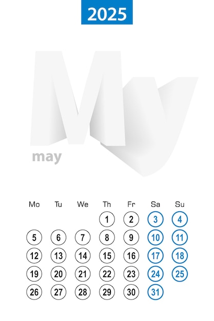 Kalender voor mei 2025 blauwe cirkel ontwerp Engelse taalweek begint op maandag