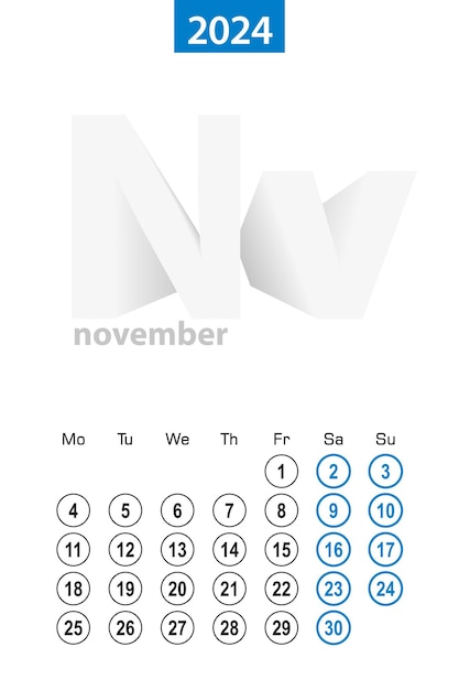 Vector kalender voor november 2024 blauwe cirkel ontwerp engelse taalweek begint op maandag