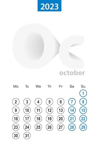 Kalender voor oktober 2023 blauwe cirkel ontwerp Engelstalige week begint op maandag