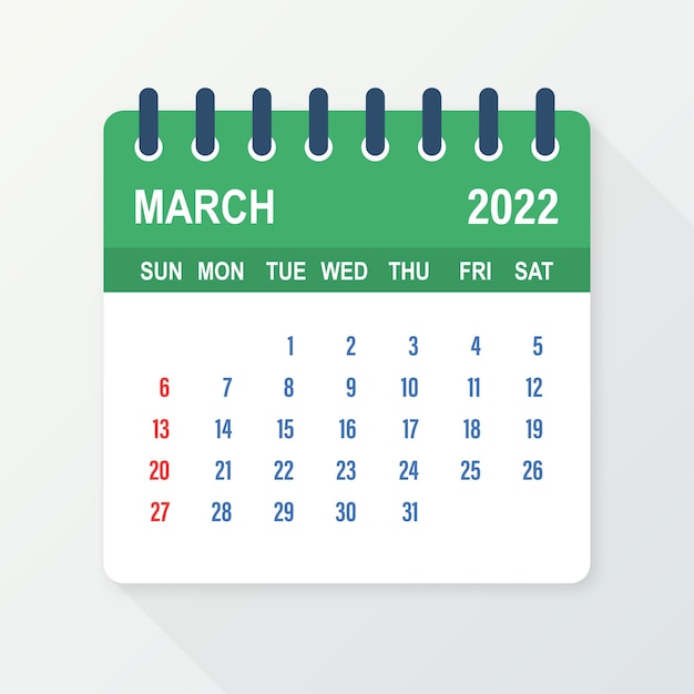 Kalenderblad maart 2022. Kalender 2022 in vlakke stijl. Vector illustratie.