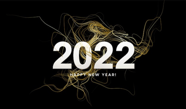 Kalenderkop 2022 met gouden golven wervelen met gouden glitters op zwarte achtergrond. gelukkig nieuwjaar 2022 gouden golven achtergrond. vectorillustratie eps10