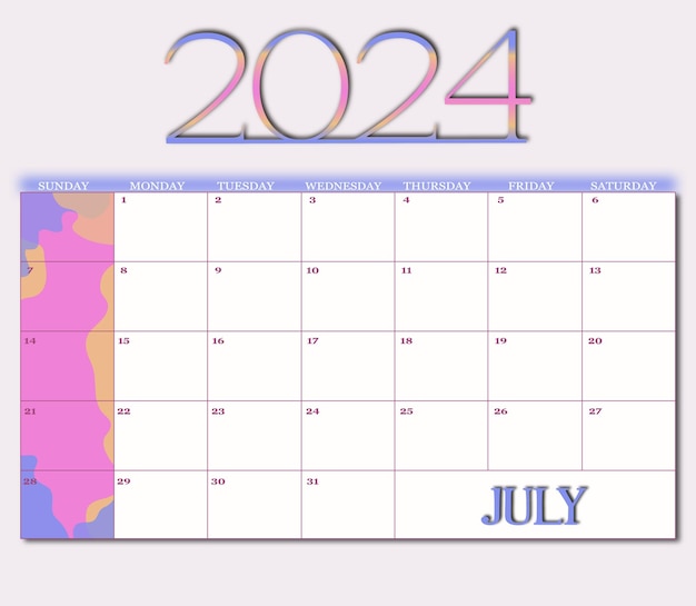 Kalendermodel voor de maand juli 2024