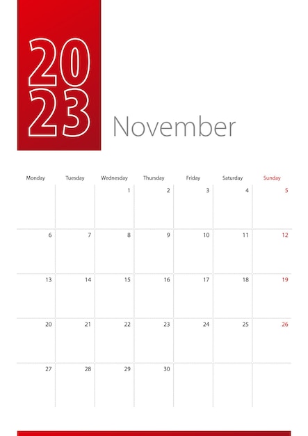 Kalenderontwerp november 2023 week begint op maandag verticale kalendersjabloon