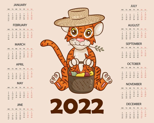 Kalenderontwerpsjabloon voor 2022, het jaar van de tijger volgens de Chinese of oosterse kalender, met een afbeelding van de tijger. Horizontale tafel met kalender voor 2022. Vector