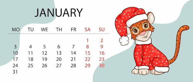 Kalenderontwerpsjabloon voor 2022, het jaar van de tijger volgens de Chinese of oosterse kalender, met een afbeelding van de tijger. Horizontale tafel met kalender voor 2022. Vector