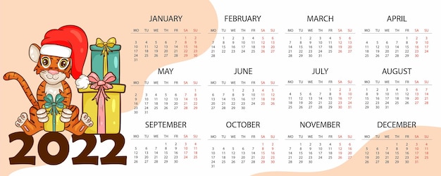 Kalenderontwerpsjabloon voor 2022, het jaar van de tijger volgens de Chinese of oosterse kalender, met een afbeelding van de tijger. Horizontale tafel met kalender voor 2022. Vector