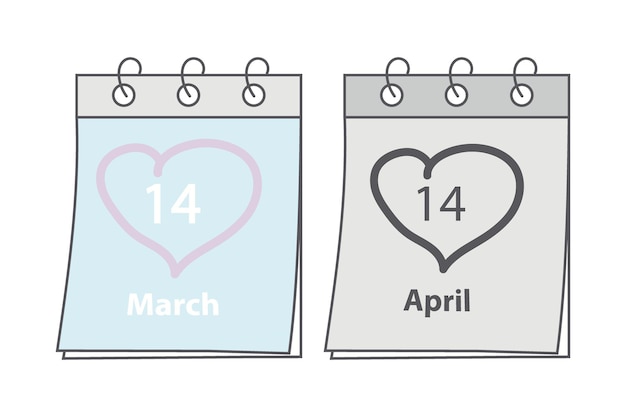 Vector kalenderpagina's met datum maart witte dag en april zwarte dag met hartvormige strek met de hand