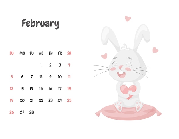 Kalenderpagina voor de maand februari 2023 met een schattig konijn zittend op een roze kussen en een hart vasthouden valentijnsdag schattig dier karakter in pastel kleuren vectorillustratie op wit