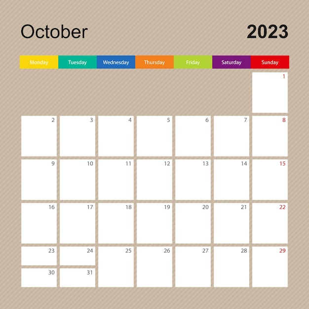 Kalenderpagina voor oktober 2023 wandplanner met kleurrijk design Week begint op maandag