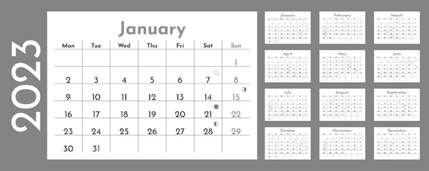 Vector kalendersjabloon 2023 met maanstanden week begint op maandag