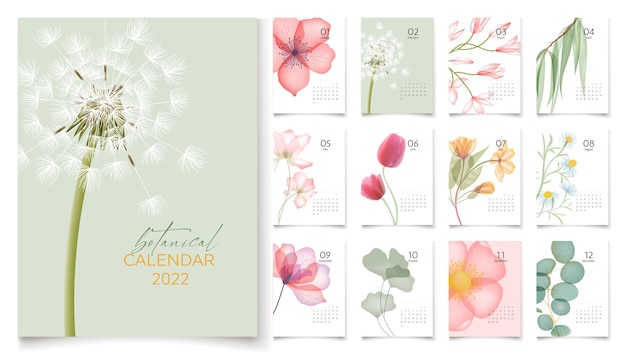 Kalendersjabloon voor 2022 met abstracte bloemen en 12 pagina's voor elke maand