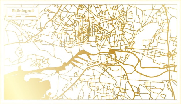 황금 색상 개요 지도에서 복고 스타일의 칼리닌그라드 러시아 도시 지도