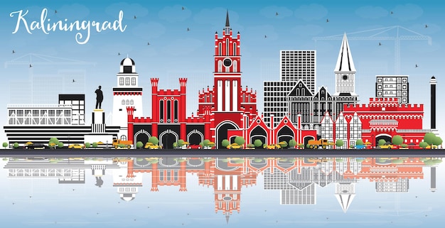 kaliningrad russia city skyline with color buildings blue sky and reflections vector