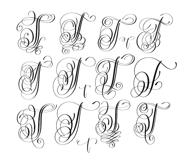 Vector kalligrafie belettering script lettertype t set handgeschreven