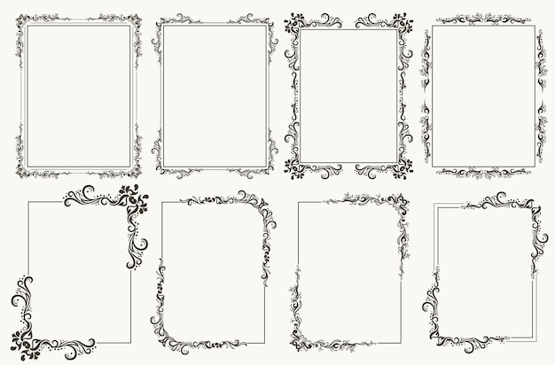 Vector kalligrafische kaderset. randen hoeken sierlijke frames voor certificaat, klassieke bloemendecoratie, vintage frames met elegante swirl en scroll. hoek bloeien filigraan elementen. vector sjabloon