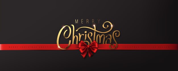 Kalligrafische Merry christmas gouden textuur en realistische lint rode luxe