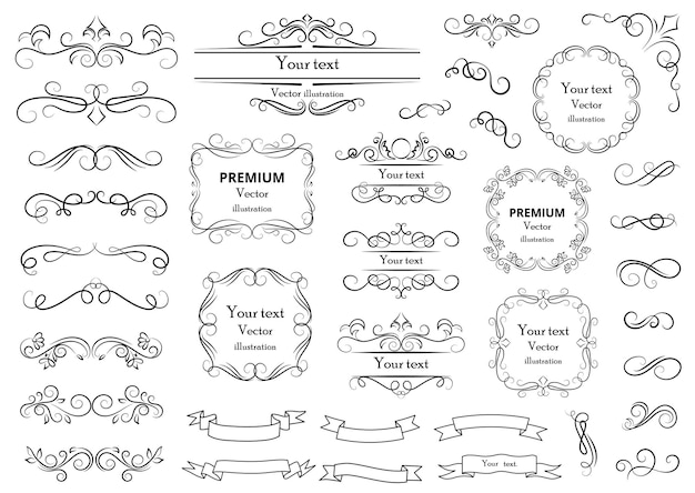 Kalligrafische ontwerpelementen decoratieve wervelingen of rollen vintage frames bloeit labels en scheidingslijnen retro vectorillustratie