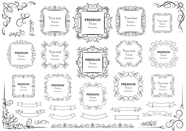 Kalligrafische ontwerpelementen decoratieve wervelingen of rollen vintage frames bloeit labels