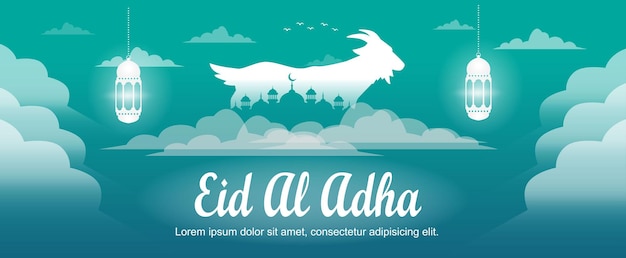 Vector kalme eid al adha-groeten met moskee- en geitensymbolen voor banner