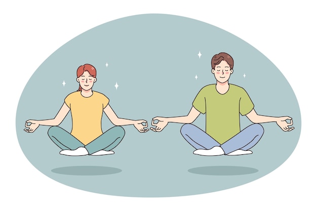 Kalme man en vrouw mediteren in lotushouding