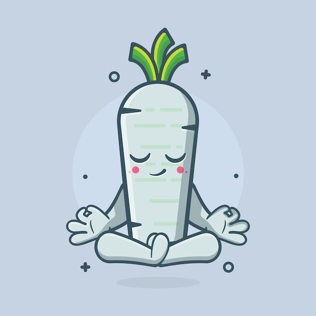 kalme witte radijs groente karakter mascotte met yoga meditatie pose geïsoleerde cartoon