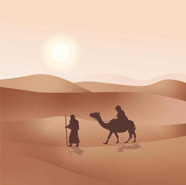 Kameelrijder die door het Arabische landschapsillustratie van de woestijnheuvel gaat