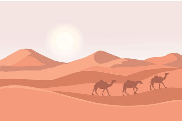 Kamelen wandelen door woestijn eid mubarak wenskaart ramadan kareem sjabloon Arabisch landschap horizontale illustratie