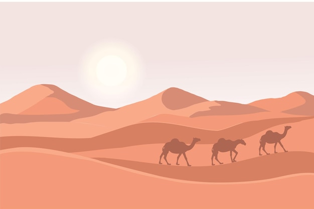 Vector kamelen wandelen door woestijn eid mubarak wenskaart ramadan kareem sjabloon arabisch landschap horizontale illustratie