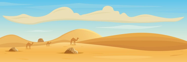 Vector kamelenkaravaan die door het woestijnlandschap van afrika rijdt