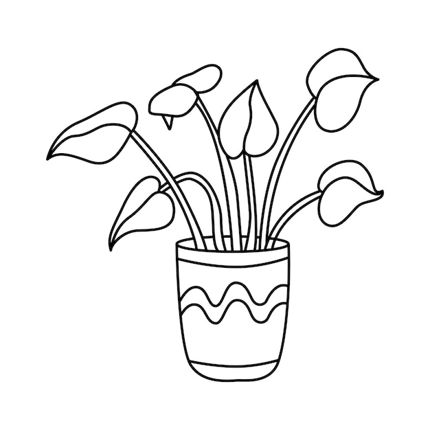 Kamerplant in een bloempot vector doodle hand getekende illustratie van potplant zwarte omtrek