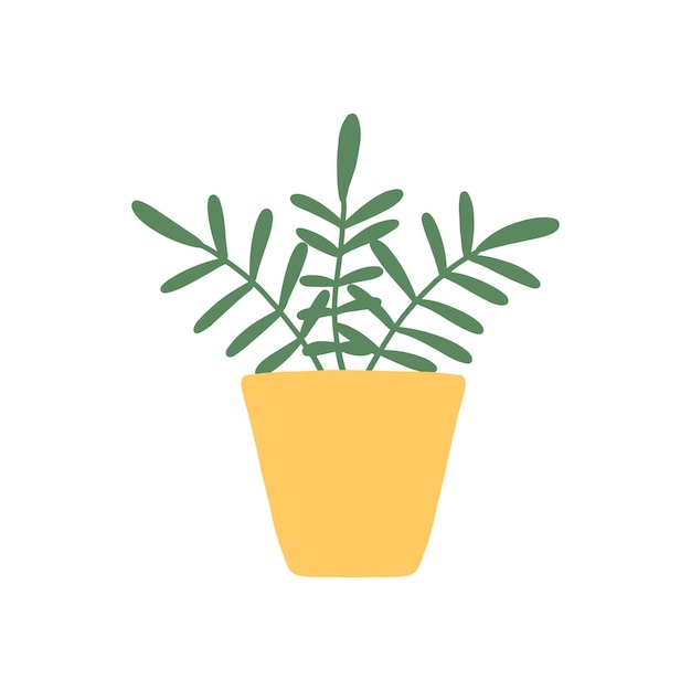 Vector kamerplant in een pot leuke kamerplant in een gele pot mooie plant met groene bladeren vectorillustratie in handgetekende stijl vectorillustratie