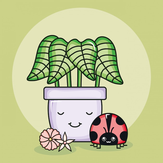 Kamerplant in keramische pot met lieveheersbeestje kawaiistijl