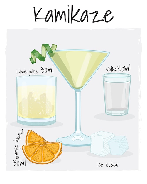 Vector kamikaze cocktail illustration recipe drink with ingredients