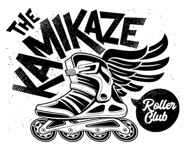 Kamikaze Rolling Club Grunge met gevleugelde rolschaats. Vies zwart-wit ontwerp.