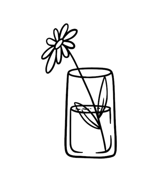 Kamille bloem staat in een transparant glas water doodle lineaire cartoon kleuren