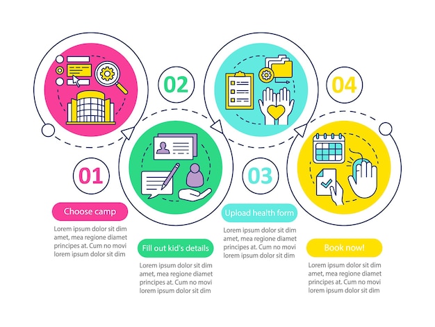 Kamp boeken, reservering vector infographic sjabloon. Zakelijke presentatie ontwerpelementen. Datavisualisatie met vier stappen en opties. Proces tijdlijn grafiek. Workflowlay-out met lineaire pictogrammen