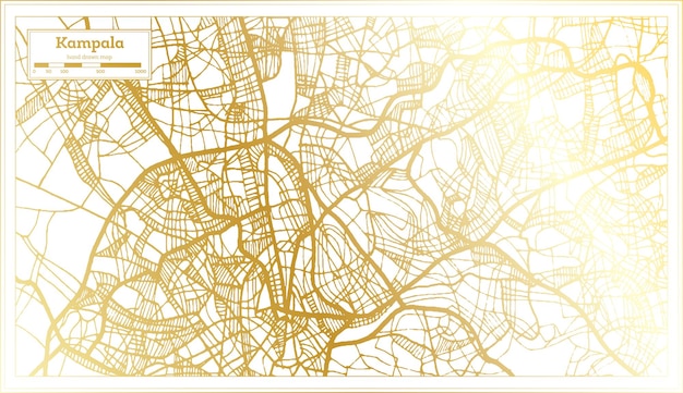황금 색 개요 지도에서 복고 스타일의 캄팔라 우간다 도시 지도