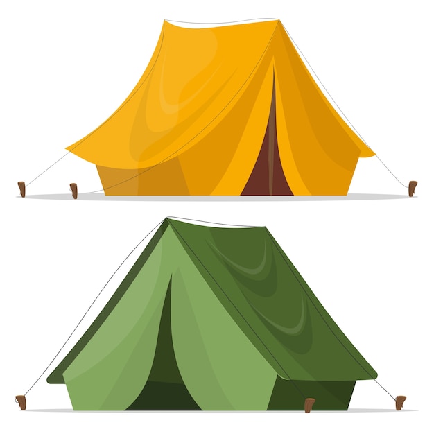 Kampeer tent. Campingtent in geel en groen. Tentontwerp over wit. Toeristische tent.