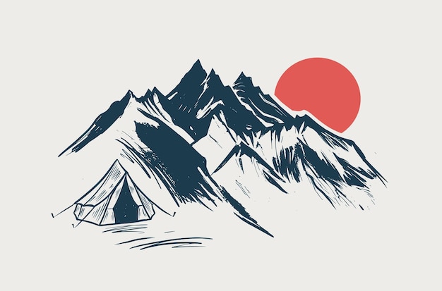 Kamperen, berglandschap, schetsstijl, vectorillustraties.